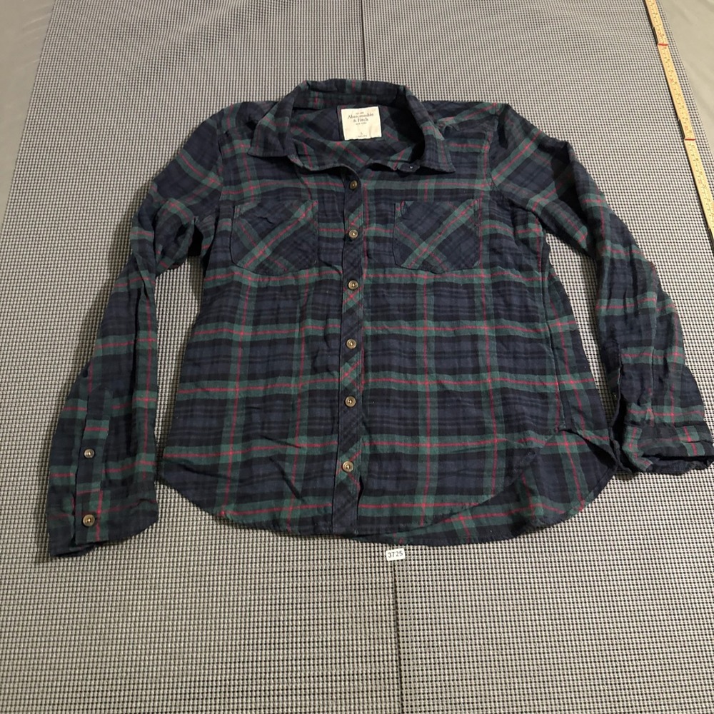 Abercrombie & Fitch Womens Large Navy Blue Green Red Plaid Button Down Shirt